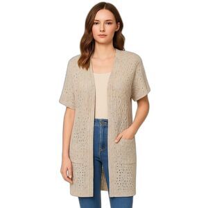 NEW POL Small Muted Pastel Open Knit Long Cardigan Sweater Short Sleeve Pockets